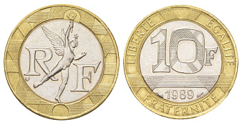 Франция 10 франков 1989 KM 964 биметалл UNC 4628-1044