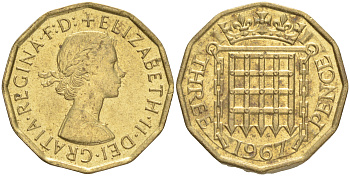 Великобритания 3 пенса 1967 Елизавета II (1952-2022) KM 900, Spink 4153 никель латунь 4556-633