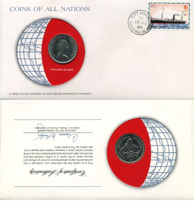 Фолклендские острова 10 пенсов 1980 конверт с маркой первого дня гашения, Coins of Nations KM 5.1 медно-никель UNC 4294-53-2