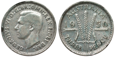 Австралия 3 пенса 1950 m, Георг VI (1937-1952), без букв KM 44 серебро 71-248