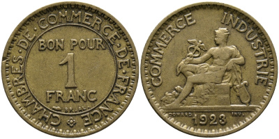 ФРАНЦИЯ 1 ФРАНК 1923 CHAMBRES DE COMMERCE KM 876, LE FRANC 218.5 алюминиевая бронза 23-625