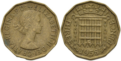 Великобритания 3 пенса 1958 Елизавета II (1952-2022) KM 900, Spink 4153 никель латунь 4146-343
