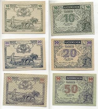 Австрия набор из 3 банкнот 1920 30 сентября 1920, нотгельд, 10, 20, 50 геллеров, TAUSENDBLUM   бумага  aUNC  7555-1-1-2