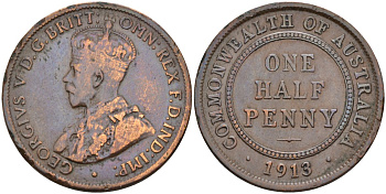 Австралия 1/2 пенни 1913 Георг V (1910-1936) KM 22 бронза 4591-842