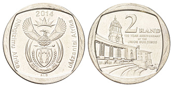 ЮАР 2 ранда 2014 100 лет Зданию Союза медь плакированная никелем UNC 4628-343