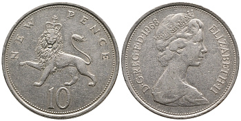 Великобритания 10 пенсов 1968 Елизавета II (1952-2022) KM 912, Spink 4231 (F1) медно-никель 86-1511
