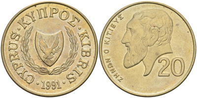 Кипр 20 центов 1991 Зенон Китийский KM 62.2 никель латунь    4595-941