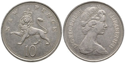 Великобритания 10 пенсов 1968 Елизавета II (1952-2022) KM 912, Spink 4231 (F1) медно-никель 86-1511