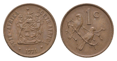 ЮАР 1 цент 1971 герб, капские воробьи KM 82 бронза 4690-1212