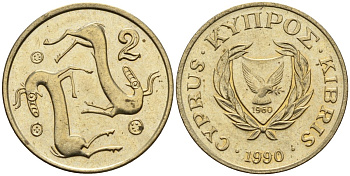 Кипр 2 цента 1990 KM 54.2 никель латунь 4174-1249