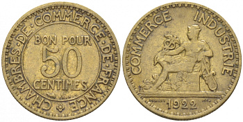 Франция 50 сантимов 1922 тип Chambre de Commerce KM 884, Le Franc 191.5 алюминиевая бронза 3309-146