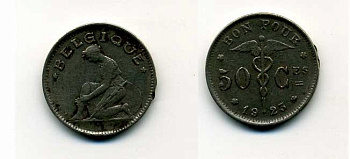 БЕЛЬГИЯ 50 САНТИМОВ 1923 BELGIQUE KM 87 никель 46-1041