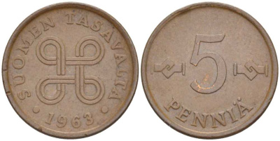 ФИНЛЯНДИЯ 5 ПЕННИ 1963 KM 45 медь 214-565