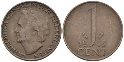 Нидерланды 1 цент 1948 Вильгельмина (1890-1948), год тип KM 175 бронза 4174-537