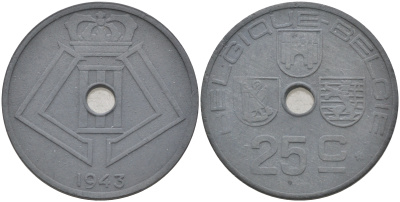БЕЛЬГИЯ 25 САНТИМОВ 1943 BELGIQUE - BELGIE, ГЕРМАНСКАЯ ОККУПАЦИЯ, ВТОРАЯ МИРОВАЯ ВОЙНА KM 131 цинк 190-113