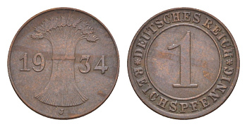 Германия 1 рейхспфенниг 1934 J KM 37, J. 313 бронза 4636-349