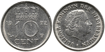Нидерланды 10 центов 1972 Юлиана (1948-1980) KM 182 никель 4609-665