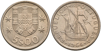 Португалия 5 эскудо 1964 парусник KM 591 медно-никель 4571-947