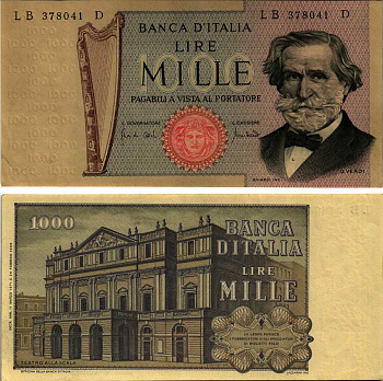 Италия 1000 лир 1971 Джузеппе Верди, Милин Ла Скала Pick 101b бумага aUNC 7183-15-3-2