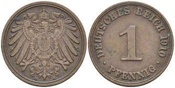 ГЕРМАНИЯ 1 ПФЕННИГ 1910 А KM 10, J. 10, Weege 2 медь 4551-131