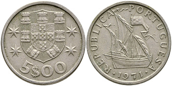 ПОРТУГАЛИЯ 5 ЭСКУДО 1971 ПАРУСНИК KM 591 медно-никель 4388-512