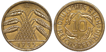 Германия 10 рейхспфеннигов 1935 A KM 40, J. 317 алюминиевая бронза 4604-723