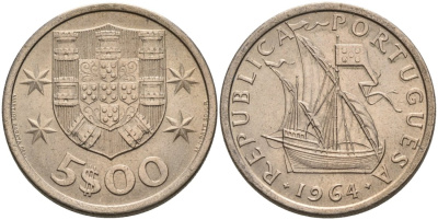 Португалия 5 эскудо 1964 парусник KM 591 медно-никель 4571-947