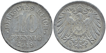 ГЕРМАНИЯ 10 ПФЕННИГОВ 1919 KM 26, J 299 цинк 4395-1241
