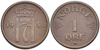 НОРВЕГИЯ 1 ЭРЕ 1954 ХОКОН VII (1905-1957) KM 398 бронза 116-1064