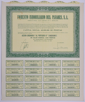 Испания акция на 1000 песет 1973 Fomento Inmobiliario del Panades, S.A., Барселона 1973, с купонами бумага 5544-15