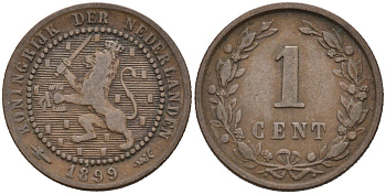 Нидерланды 1 цент 1899 Вильгельмина (1890-1948) KM 107 бронза 4576-634