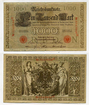 Германия 1000 марок 1910 красная печать, 7 значный номер Pick 44 b  бумага   8610-30-1-2