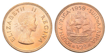 ЮАР 1/2 пенни 1959 Елизавета II (1953-1960), парусник KM 45 бронза  UNC  M73-03
