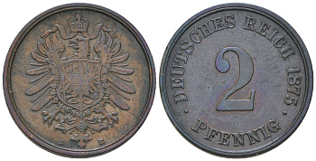 Германия 2 пфеннига 1875 Е, старогербовка KM 2, J.2 медь 4385-634