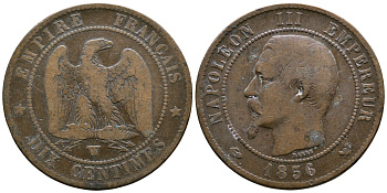 ФРАНЦИЯ 10 САНТИМОВ 1856 W, НАПОЛЕОН III (1852-1870) KM 771.7, LA FRANC 133.38 бронза 4179-1146