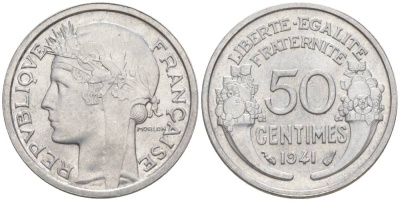 ФРАНЦИЯ 50 САНТИМОВ 1941 ТИП MORLON LOURDE KM 894.1a, LE FRANC 193.2 алюминий 44-262