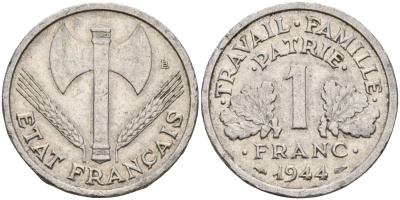 Франция 1 франк 1944 правительство Виши KM 902.1, Le Franc алюминий 4126-653