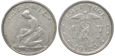 Бельгия 1 франк 1923 Belgie, Альберт I (1909-1934) KM 90 никель 51-1121