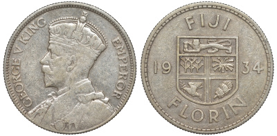 Фиджи 1 флорин 1934 Георг V (1910-1936), герб Фиджи KM 5 серебро    91-1125