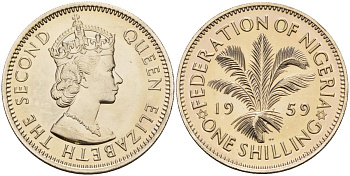 Нигерия 1 шиллинг 1959 Елизавета II (1952-), Британский протекторат KM 5 медно-никель PROOF 3711-245