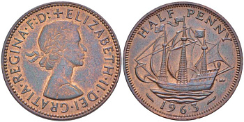 Великобритания 1/2 пенни 1963 Елизавета II (1952-2022) KM 896, Spink 4158 бронза 117-945