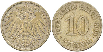 ГЕРМАНИЯ 10 ПФЕННИГОВ 1900 E KM 12, J. 13, Weege 8 медно-никель 261-1351