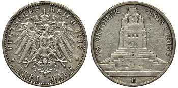 САКСОНИЯ 3 МАРКИ 1913 E, 100-ЛЕТИЕ ПОБЕДЫ В БИТВЕ ПРИ ЛЕЙПЦИГЕ НАД НАПОЛЕОНОМ (1813-1913) J.140, Weege 136, KM 1275 серебро 413-3011