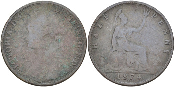 Великобритания 1/2 пенни 1874 Н, Виктория (1837-1901) KM 754, Spink 3957 бронза 4543-1154