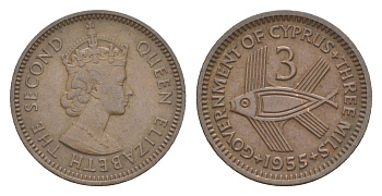 Кипр 3 миля 1955 Елизавета II (1952-2022), рыба KM 33 бронза 4649-1153