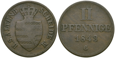 Саксен-Альтенбург 2 пфеннига 1843 G, Иосиф (герцог Саксен-Альтенбургский) (1834-1848) KM 4, AKS 55, J. 111 медь    99-633