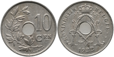 БЕЛЬГИЯ 10 САНТИМОВ 1922 BELGIE KM 86 медно-никель 4364-2725