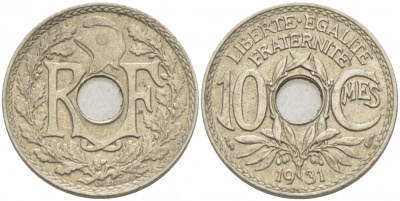 ФРАНЦИЯ 10 САНТИМОВ 1931 ТИП ЛИНДАЙЁ KM 866а, LE FRANC 138.18 медно-никель 4402-756