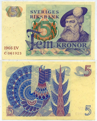 Швеция 5 крон 1966 EV, Густав I Ваза Pick 51a бумага aUNC 00-00