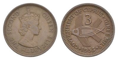 Кипр 3 миля 1955 Елизавета II (1952-2022), рыба KM 33 бронза 4649-1153